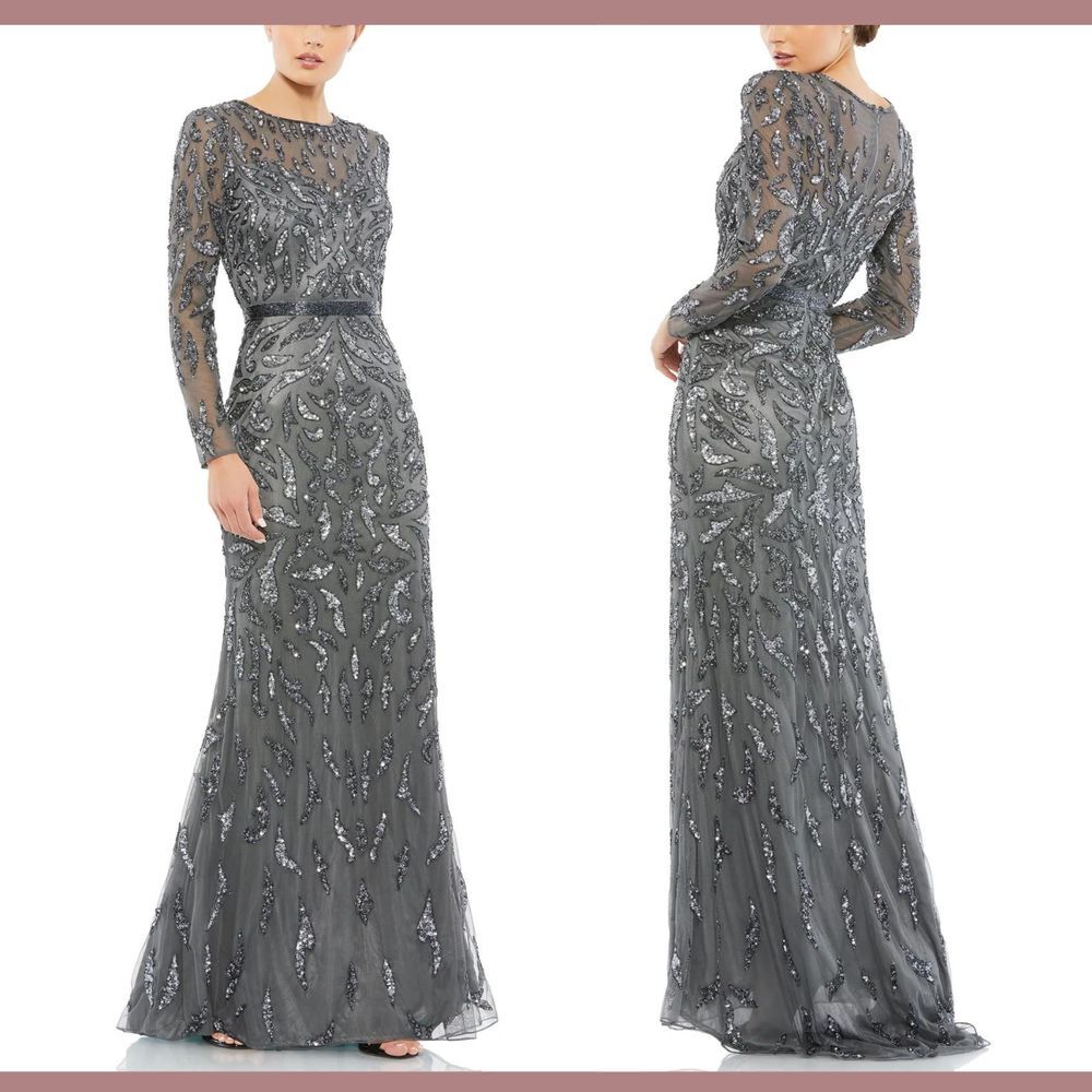 NWT $598 Mac Duggal [ 14 ] 5124 Beaded Long Sleeve Evening Gown in Charcoal Q805